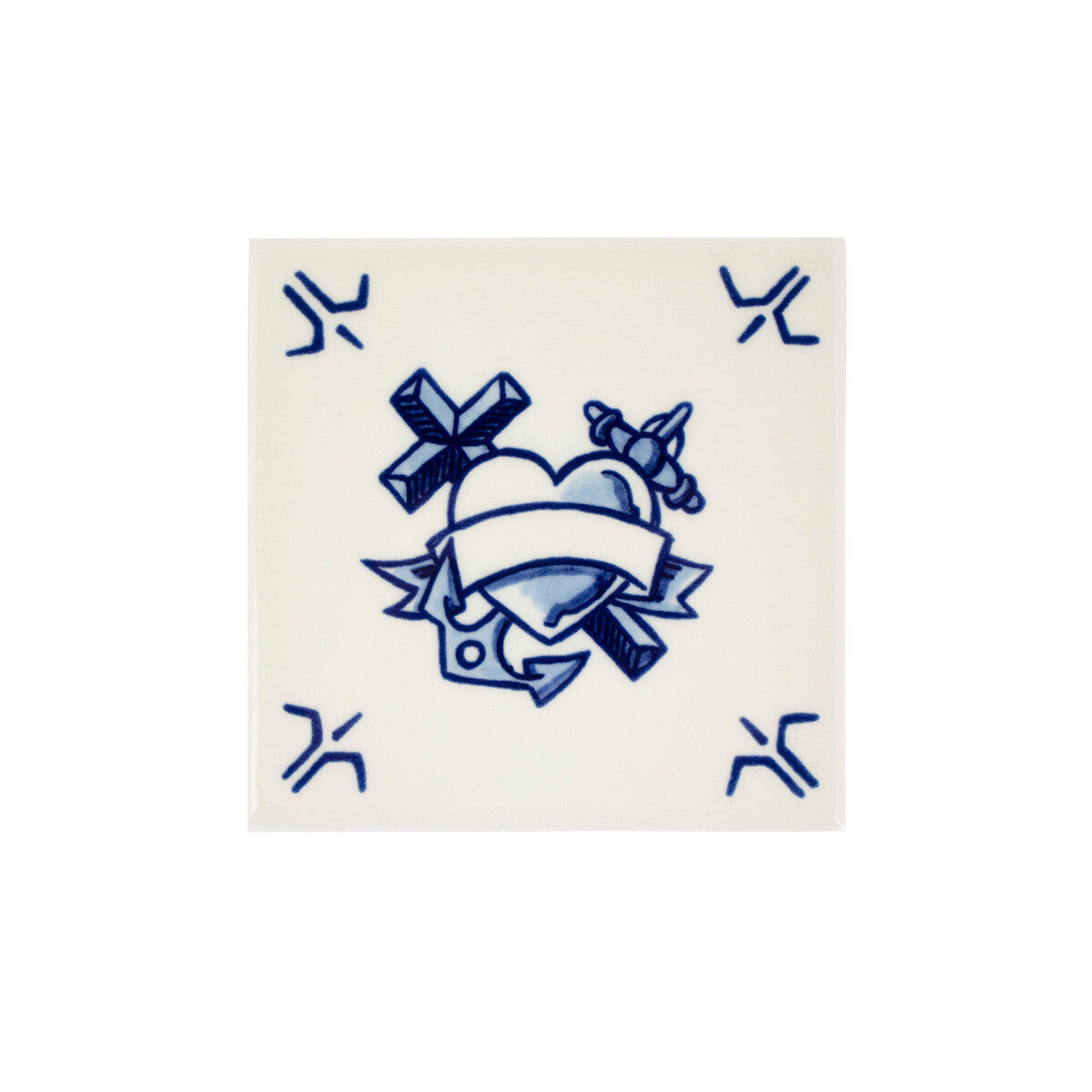 Royal Delft Schiffmacher Tegel Faith Hope and Love, Delfts blauw met hart anker en kruis motief